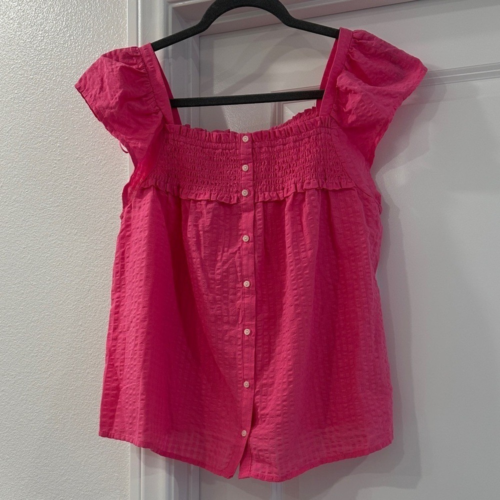 Old Navy Fuchsia Button-Front Blouse Women L Pink Smocked Cap Sleeve Textured